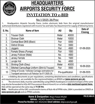 Airports Security Force Karachi Tender Notice